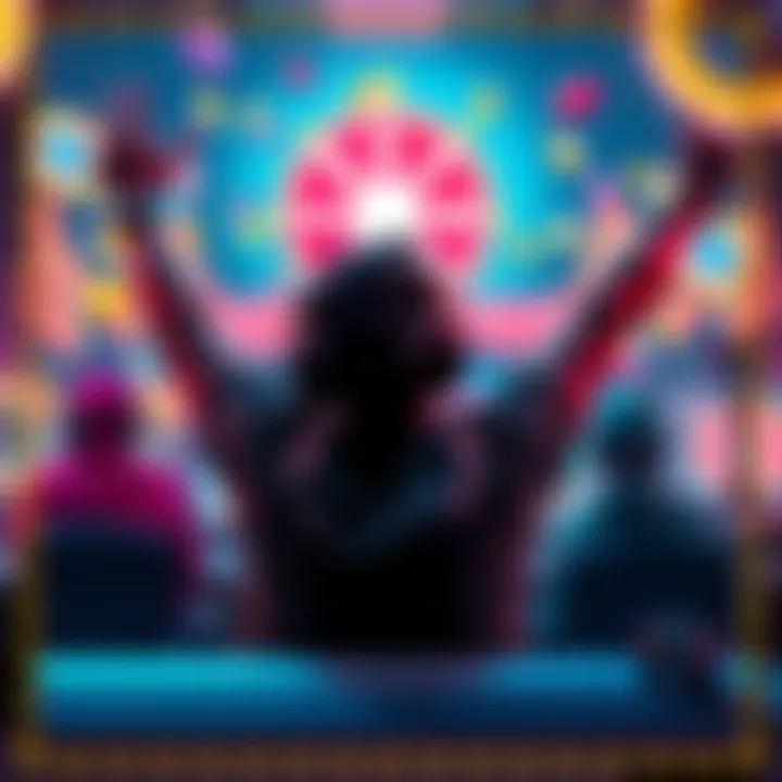 A gaming scene showing a player celebrating after receiving free spins during gameplay, with colorful graphics and spinning icons in the background.