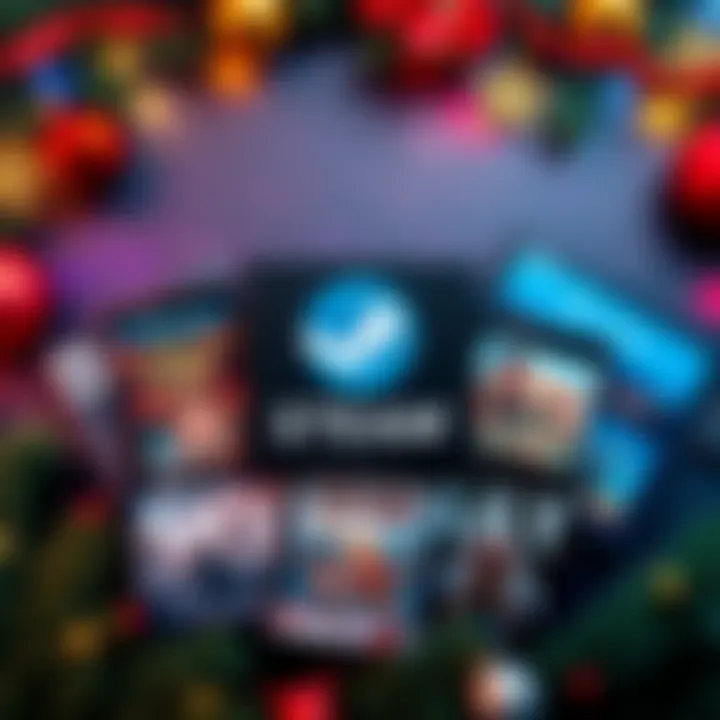 A festive graphic showing a variety of Steam game keys, including free and region-locked titles, with holiday decorations around them.