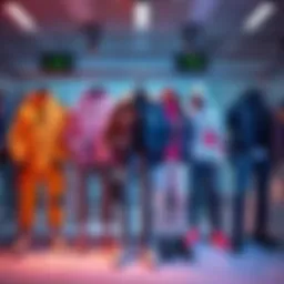 A display of eight fashionable outfits available for free, showcasing a variety of styles and colors.