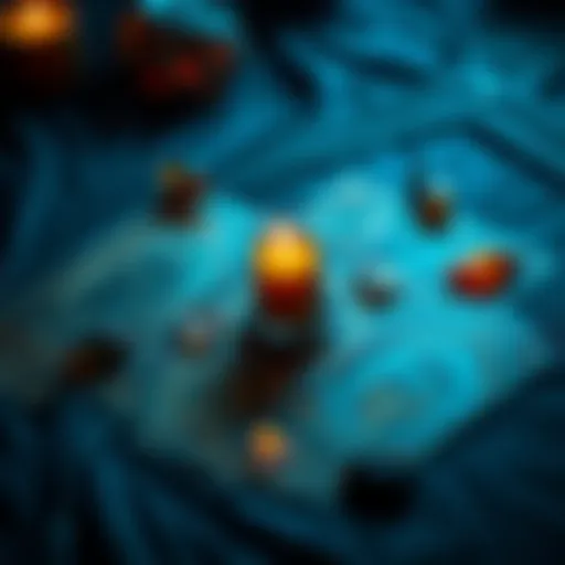 A tarot card spread with a glowing candle and crystals for a free reading event