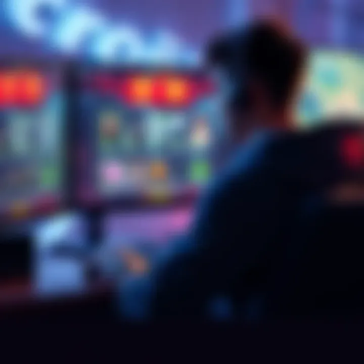 A gamer sits at a computer with a screen showing free-to-play game elements like battle passes and premium items, highlighting the hidden costs of free games.