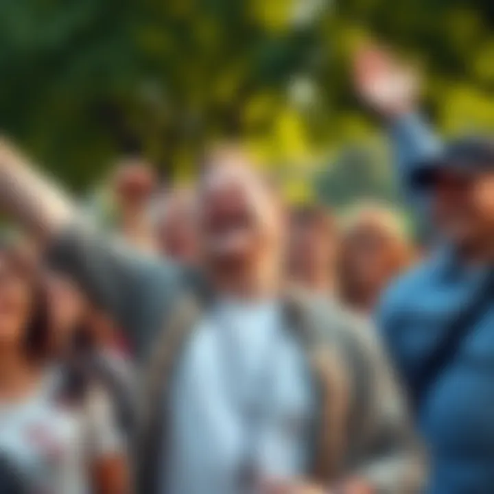 Freed Bajs surrounded by friends, smiling and celebrating his newfound freedom in a park setting.