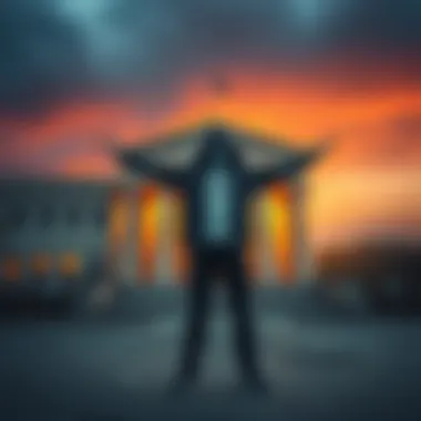 A former hacker stands confidently outside a government building, symbolizing freedom after overcoming constraints.