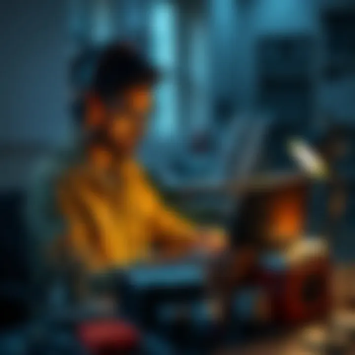 Freelancer Working on a Mission Campaign A freelancer focused on completing a mission campaign, surrounded by tools and resources for beginners.