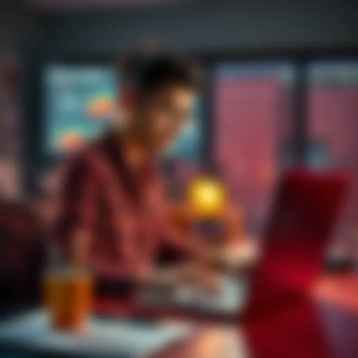 A focused freelancer sitting at a desk with a laptop, looking determined while tackling a challenging task