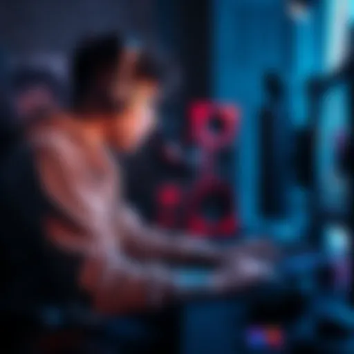 A dedicated gamer focused on their screen, showcasing intense gameplay and various gaming equipment around them.