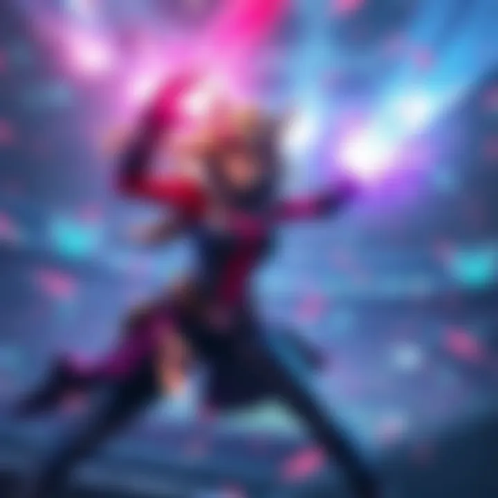 Freja unleashes her abilities in a chaotic stadium filled with bright visual effects, creating a challenging environment for players.
