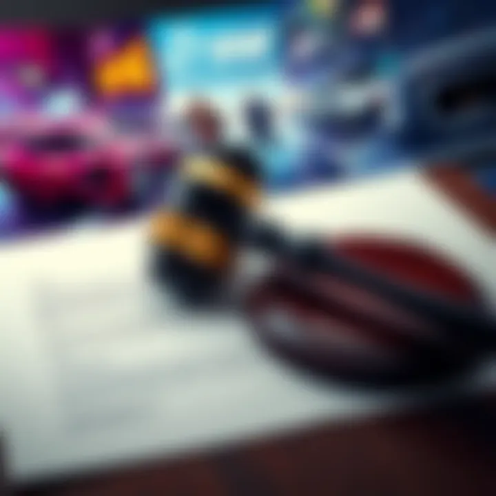 A gavel resting on a legal document with gaming imagery in the background, symbolizing the lawsuit against Ubisoft over 'The Crew' game shutdown.