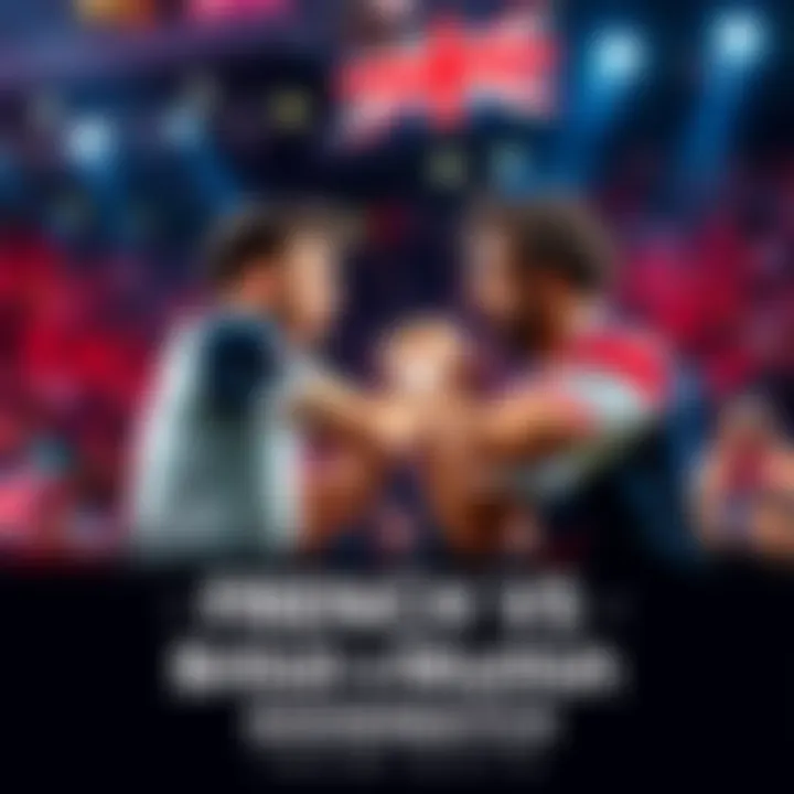 Kaydop and Radosin competing fiercely in the French vs British showmatch, with vibrant crowd reactions in the background.