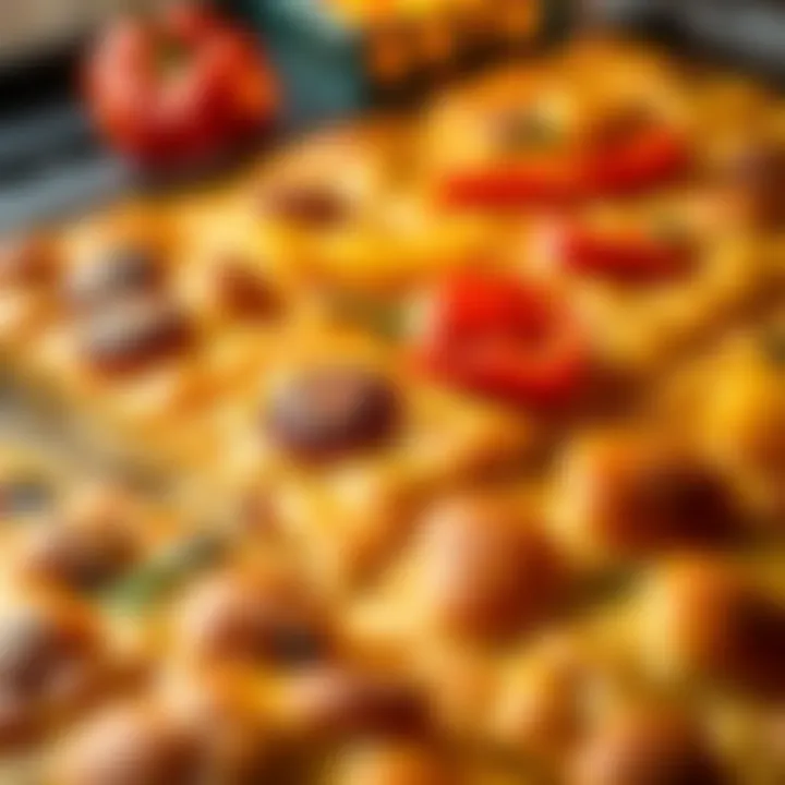 Golden brown focaccia topped with red and yellow peppers, fresh out of the oven.