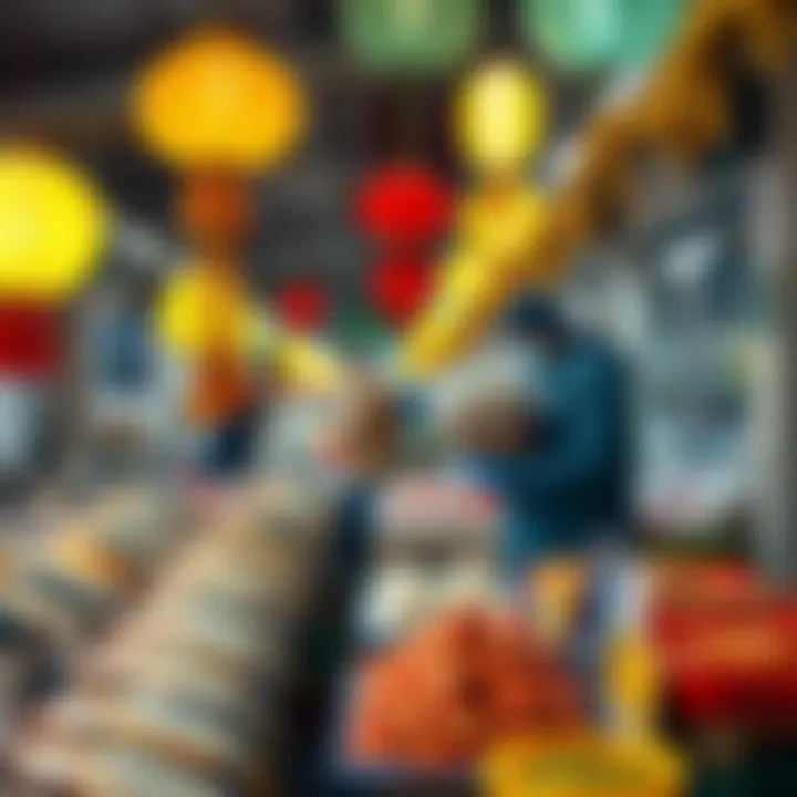 Fresh Seafood at Underground Market Vendors showcasing various types of fresh seafood in a lively underground market with colorful decorations.