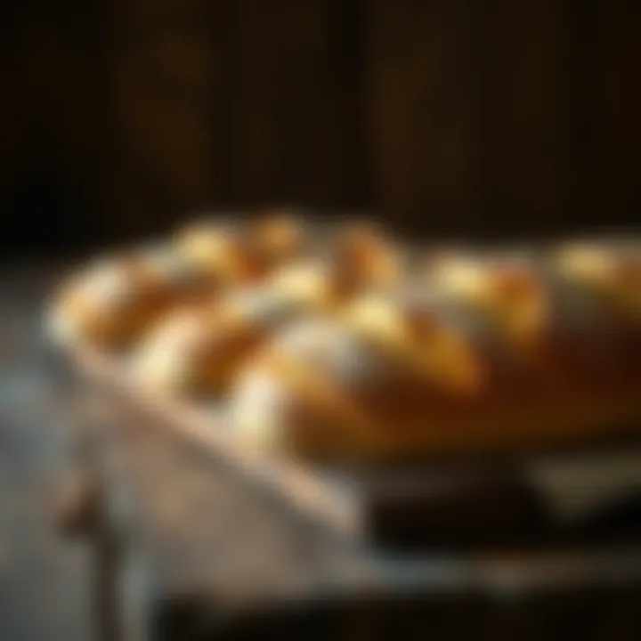 Golden brown loaves of bread cooling on a rustic wooden surface
