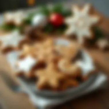 Freshly Baked Gingerbread Cookies A plate of freshly baked gingerbread cookies shaped like stars and hearts, decorated with icing, sitting on a wooden table.