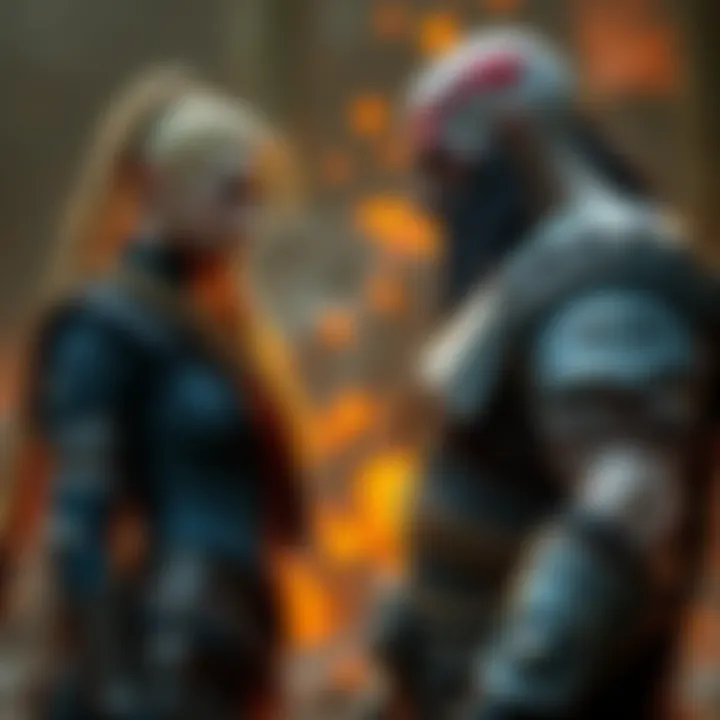 Freya stands assertively before Kratos, showing a mix of determination and caution as they engage in a tense standoff.