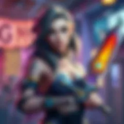 Freya showcasing her colorful rainbow tattoos and holding a spellsword in a vibrant gaming environment