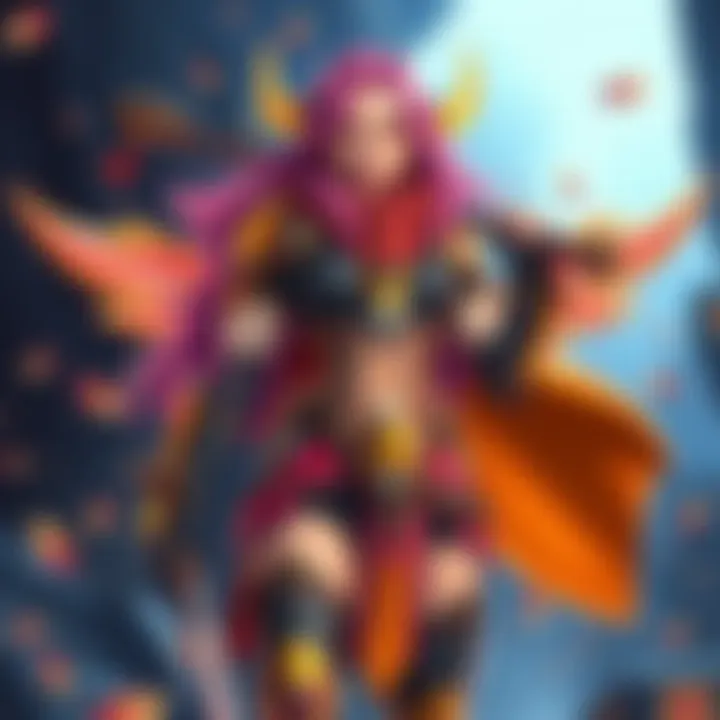 Freyna character from Ultimate Descendant standing ready for battle, showcasing her vibrant outfit and unique abilities.