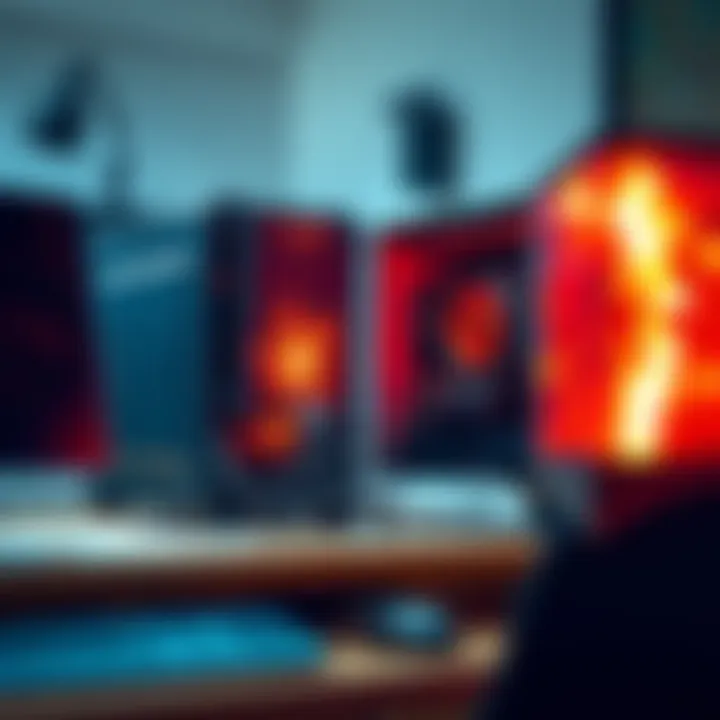 Damaged PC on a desk A fried computer tower and monitor on a desk, showing burn marks and wires exposed.