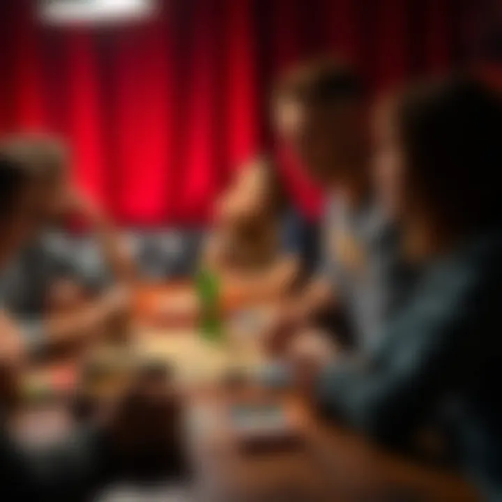A table with board games, a group of friends discussing a game while one friend looks visibly high and disengaged.