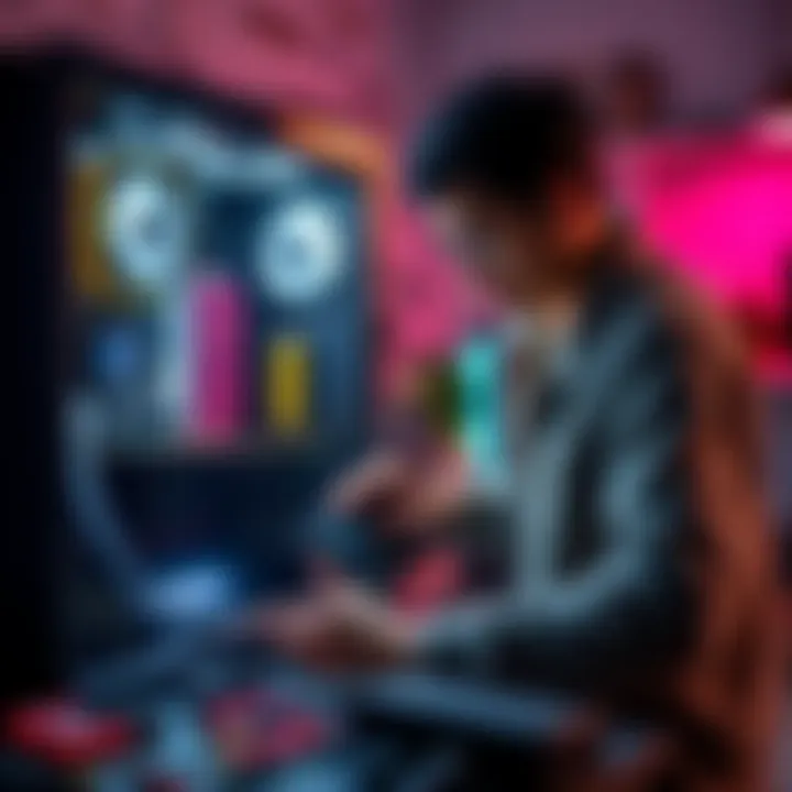 A person assembling a PC with a graphics card and processor, showing tools and computer parts scattered around.