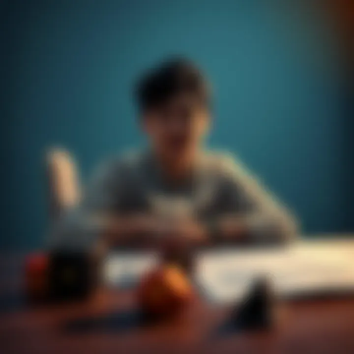 A person sits at a table with DnD dice and character sheets, looking excited yet nervous about being the Dungeon Master for a new group.