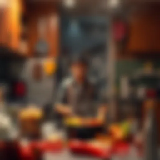 Friend Cooking in Kitchen A friend with a confused expression stands in a messy kitchen surrounded by spilled ingredients and smoke, looking unsure while attempting to cook.