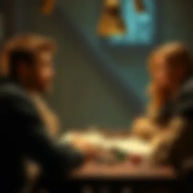 A person looks concerned as they speak to a friend about leaving a DnD group, sitting around a table with dice and character sheets.