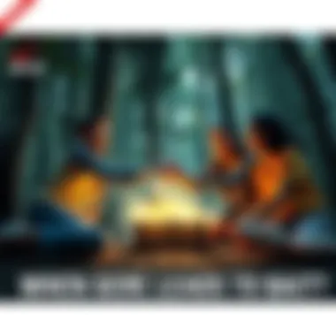 A group of friends laughing as one reaches for a shining, forbidden chest in the middle of a forest