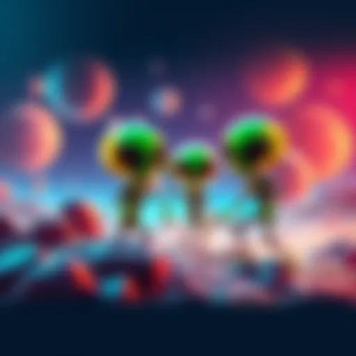Colorful friendly aliens exploring a vibrant outer space setting with planets and stars