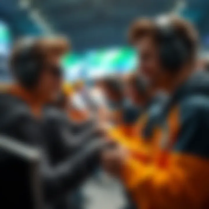 A competitive gamer smiling and shaking hands with the opposing team while their teammates struggle in the background