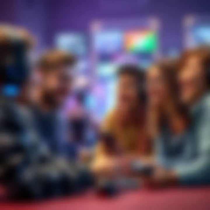 A group of diverse gamers enjoying a casual gaming session together, smiling and interacting with each other