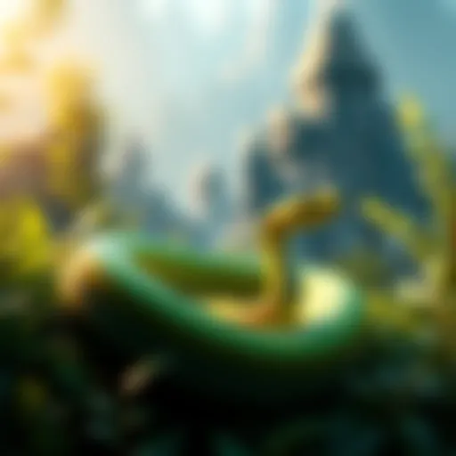 A bright, friendly-looking snake coiled comfortably in a virtual landscape with lush greenery, symbolizing a safe and non-threatening environment for players.