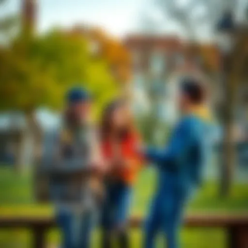 A warm interaction between two friends chatting happily in a park, showcasing positive communication.