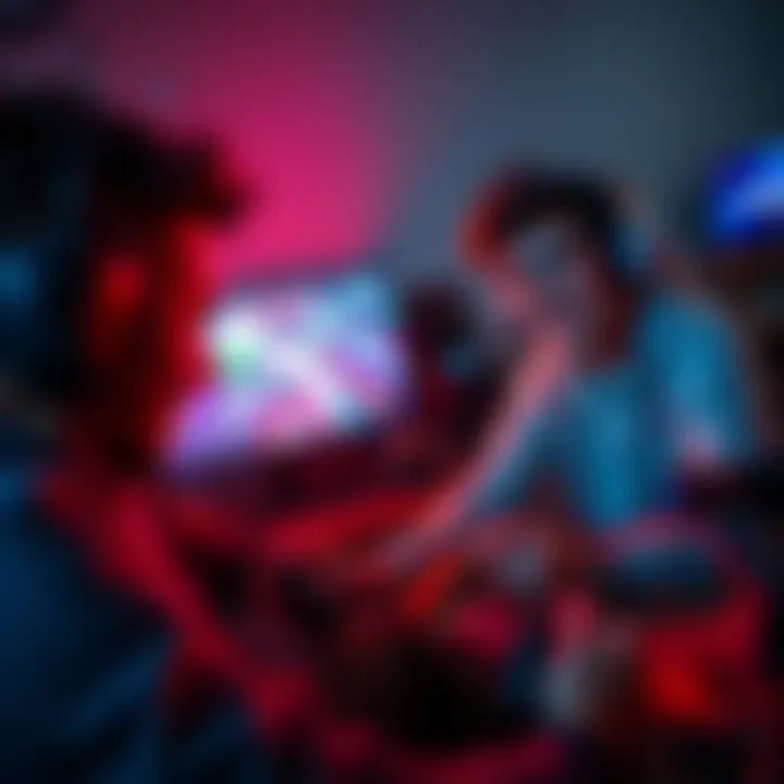 Two gamers happily playing a video game together, enjoying a friendly environment without competition, with colorful graphics on the screen.