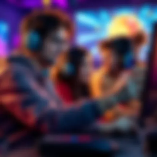 A gamer offers support to other players in an online game, displaying kindness and teamwork. Bright colors highlight a positive atmosphere in gaming.