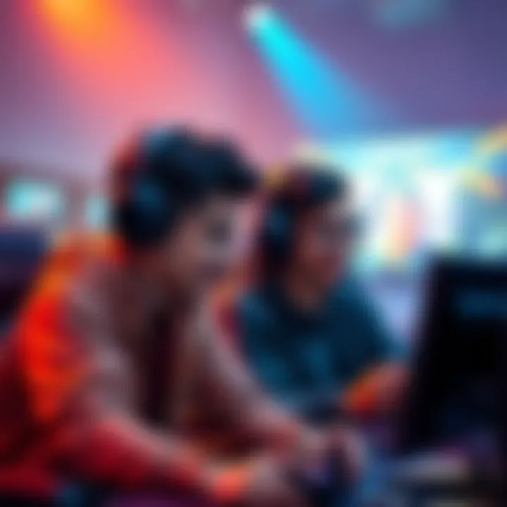 Two gamers with headsets sharing a positive moment while playing a game, surrounded by a friendly atmosphere.