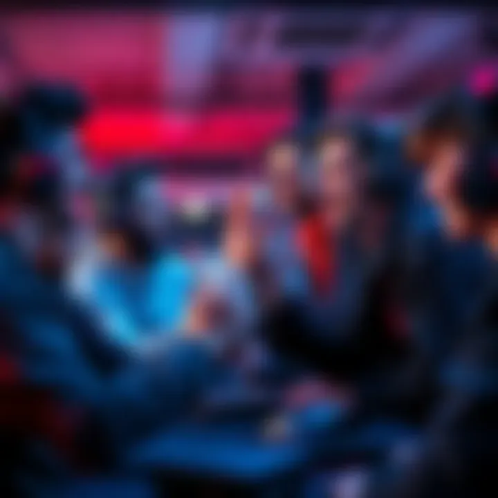 A group of gamers smiling and high-fiving each other in a virtual PvP lobby, showing camaraderie and teamwork.