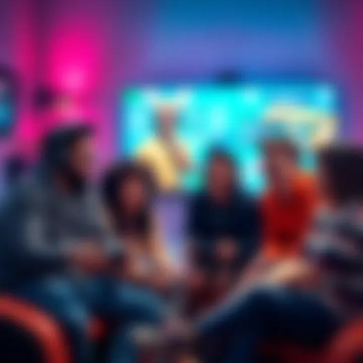 A group of diverse gamers sitting together, laughing and having fun while playing a video game on a large screen