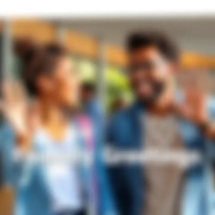 Two people smiling and waving hello to each other in a bright, cheerful setting, illustrating friendly connections.