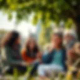 A group of cheerful Londoners enjoying a sunny day at a park, sharing stories and laughter