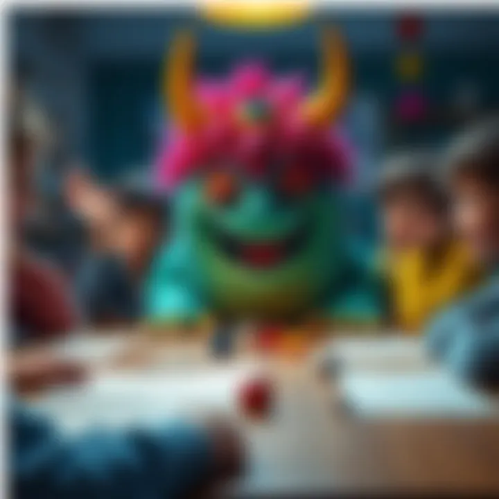 Friendly Monster for Young Players A colorful and friendly monster smiling, surrounded by excited kids aged 10-13 playing a tabletop game, with dice and character sheets on a table.