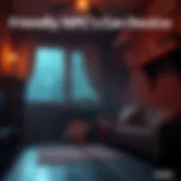 A game scene showing a friendly NPC with a warm smile in a cozy room, while shadows lurk outside, hinting at danger.