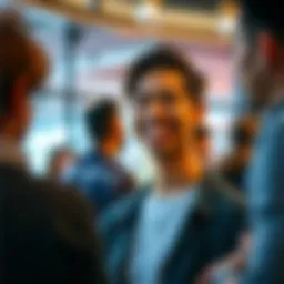 A person smiling warmly and engaging in conversation with others in a social setting.
