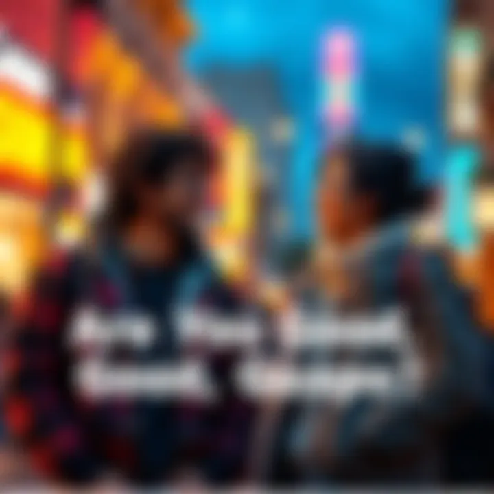 Two friends laughing and talking with a vibrant urban backdrop, capturing a moment of connection and humor.