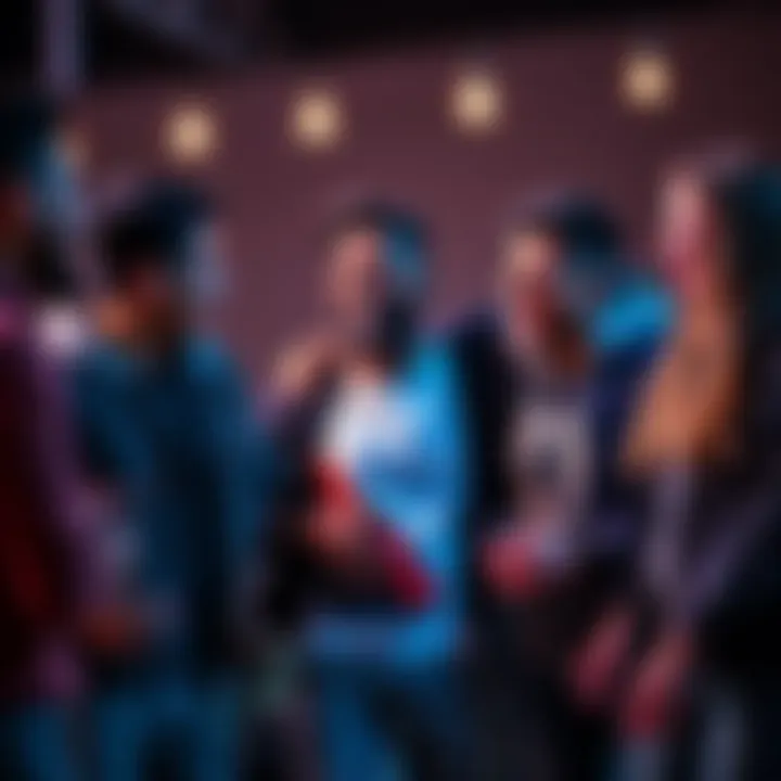 A group of friends in casual clothing laughing and talking, with one person expressing surprise using the word 'bruh'