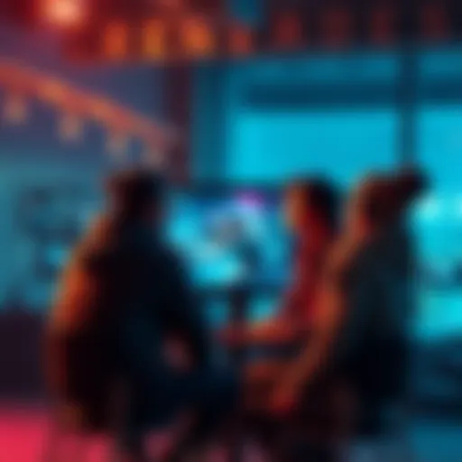 A group of friends chatting and looking at a screen with D2 Renegades gameplay on it