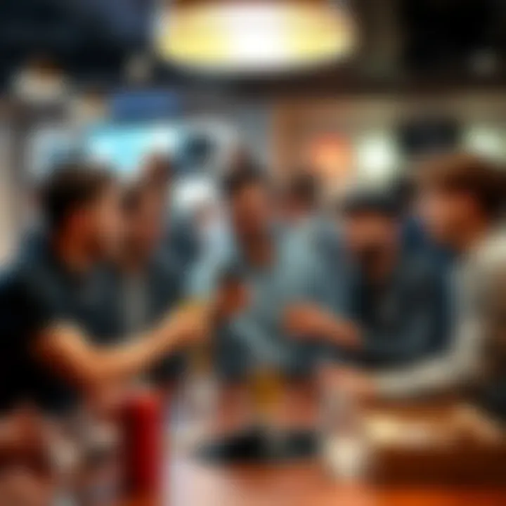 A group of young men chatting animatedly about social trends at a cafe