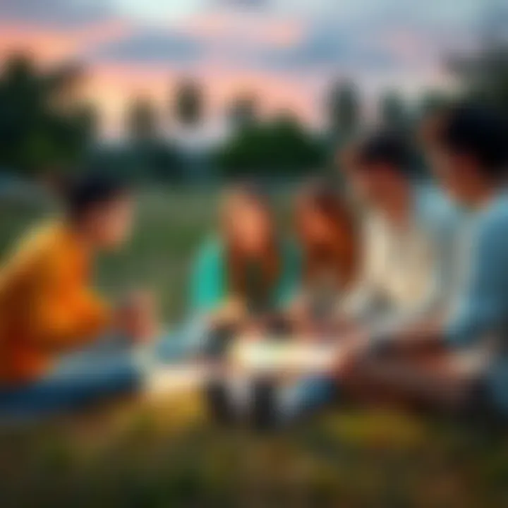 A group of friends sitting on the grass, sharing art supplies while drawing together during the Estival season