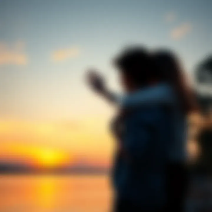 Two friends embrace in a heartfelt farewell at sunset, reflecting on their memories together
