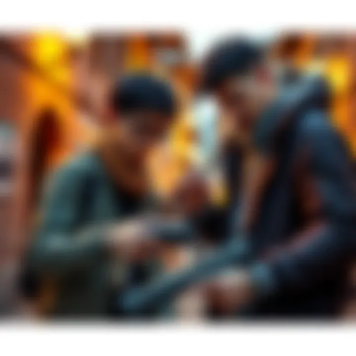 Two friends examining strange items in Old Town that look like weapons