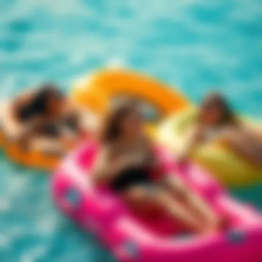 A group of friends joyfully floating on colorful inflatable rafts, laughing and enjoying the sunshine.